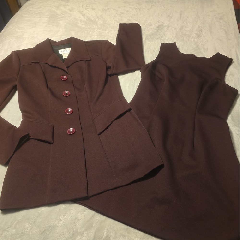 Vintage XOXO Burgundy Suit Dress Blazer Pencil Career Business Y2K, Made In USA